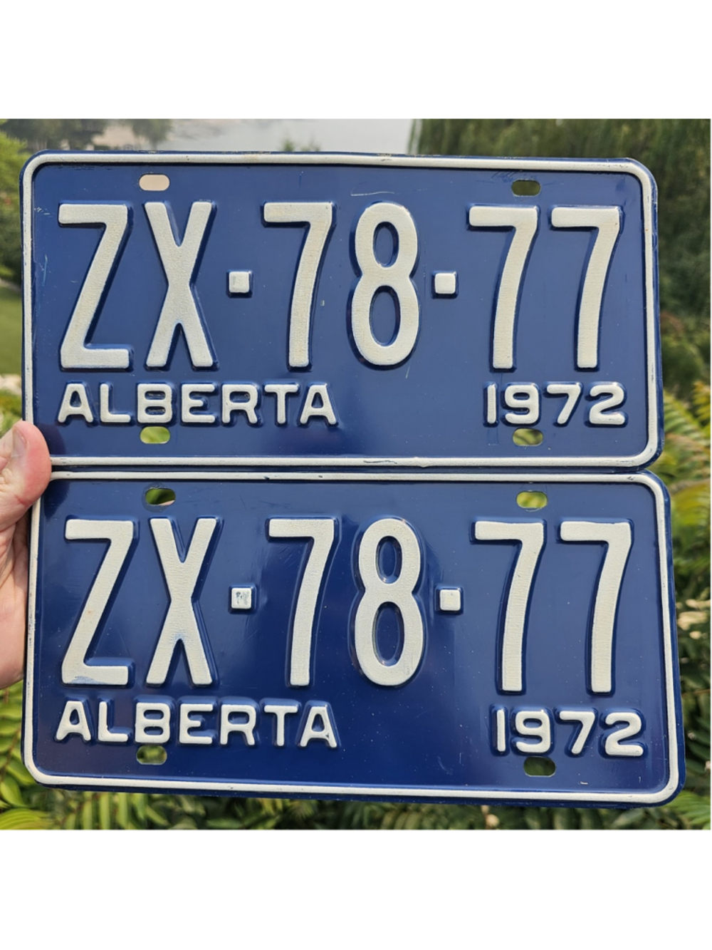 Vintage 1972 Alberta License Plate Pair ZX-78-77 Blue White Matching Set...